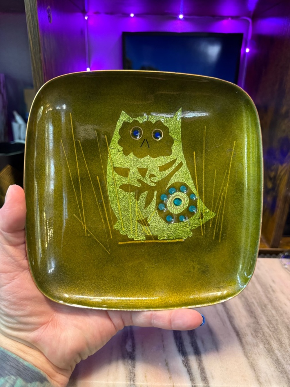 Green Owl Decorative Enamel Metal Trinket dish - made in Kentucky